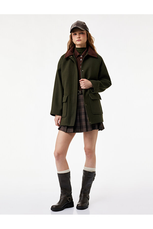 Collar Detailed Zippered Snap Button Pocketed Coat