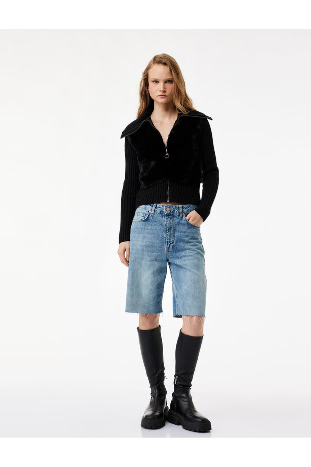 Slim Fit Long Sleeve Mock Neck Zippered Faux Fur Cardigan