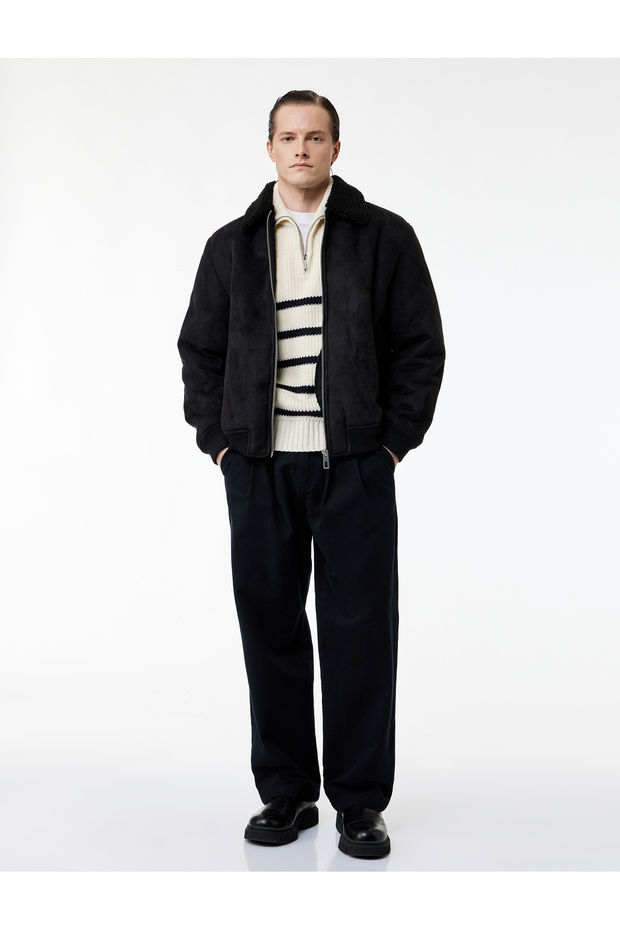 Slim Fit Long Sleeve Winter Faux Suede Coat with Plush Collar Zipper
