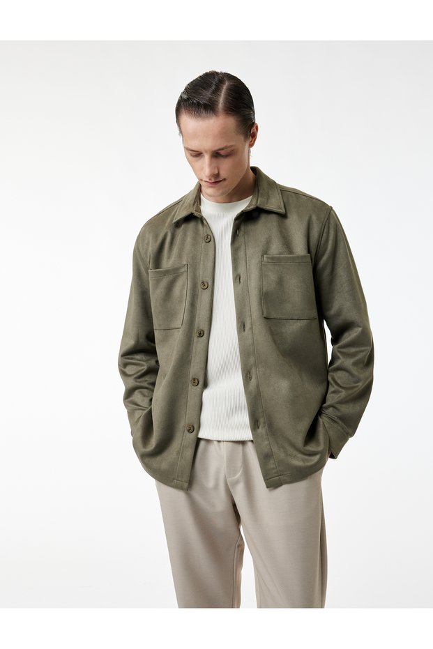 Regular Fit Long Sleeve Pocket Detail Classic Collar Faux Suede Shirt