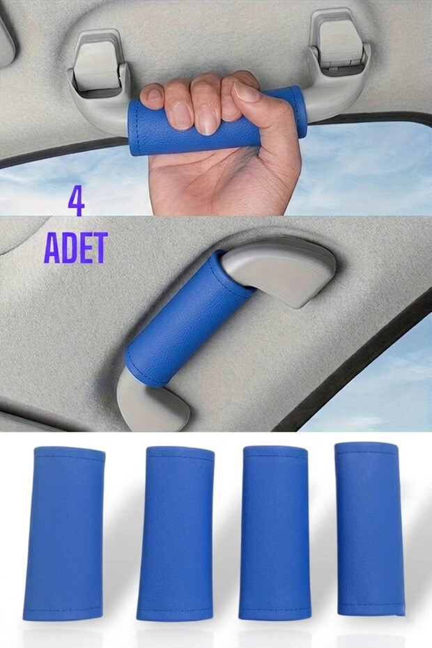 Blue 4 Pieces Car Interior Grab Handle Cover Stylish Design Auto Accessory Faux Leather with Velcro