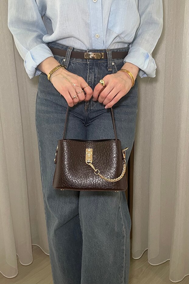 Women's Coffee Chain Accessory Detailed Hand and Shoulder Bag - Adjustable Long Strap, Daily Bag