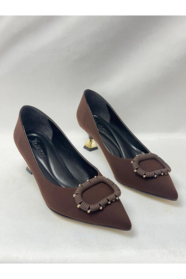 Ll2723 satin material special imported buckle special design galvanized taper heel shoe brown