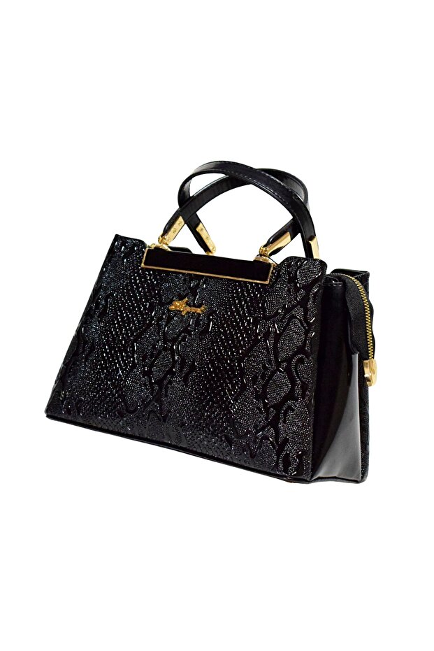 Black Embossed Patterned Gold Detailed Women's Hand and Shoulder Bag Stylish for Daily and Evening Use / Sstore