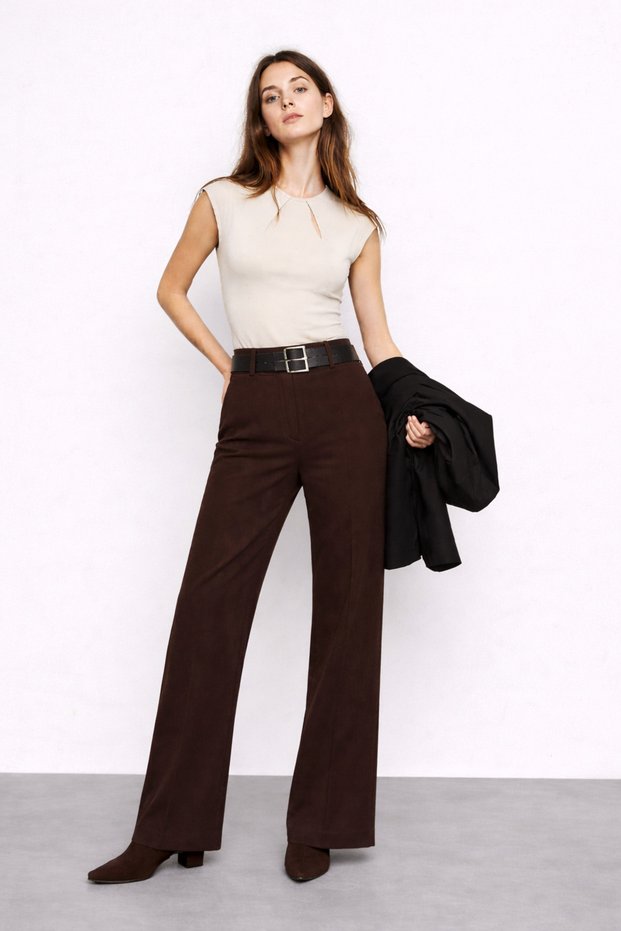 High Waist Belt Detailed Wide Leg Palazzo Women's Fabric Trousers