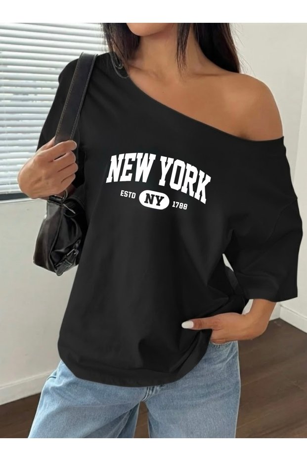 New York Ny Printed Oversized Women's Boat Neck T-Shirt