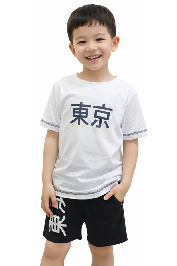 Boy's White Color Shorts Set with Japanese Writing on the Front and Back and Picture Pattern