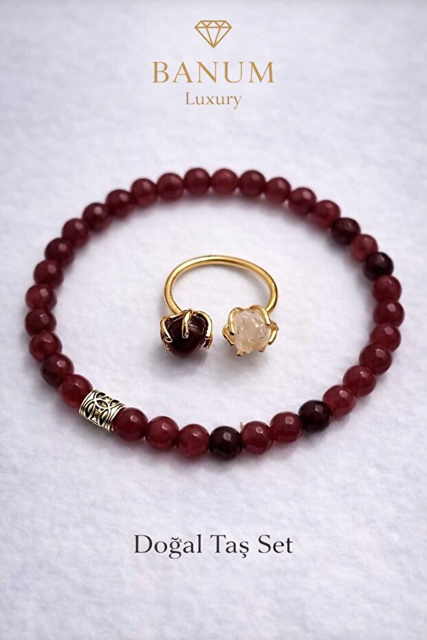 Natural Red Agate (Carnelian) Stone Bracelet and Ring Set