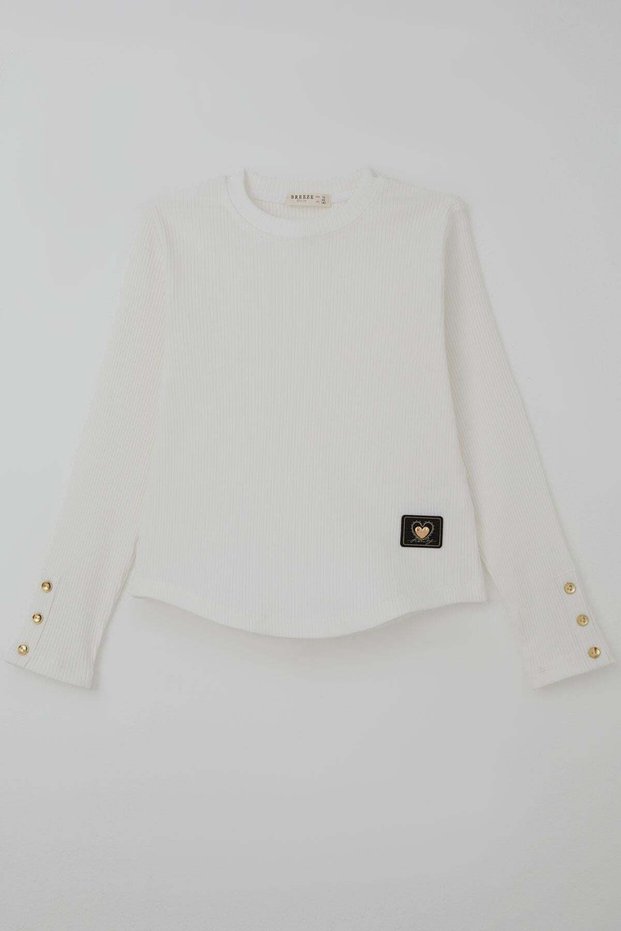Girl's Long Sleeve T-Shirt with Heart Embroidered Sleeves and Button Accessory Detail, Ages 9-14, Ecru