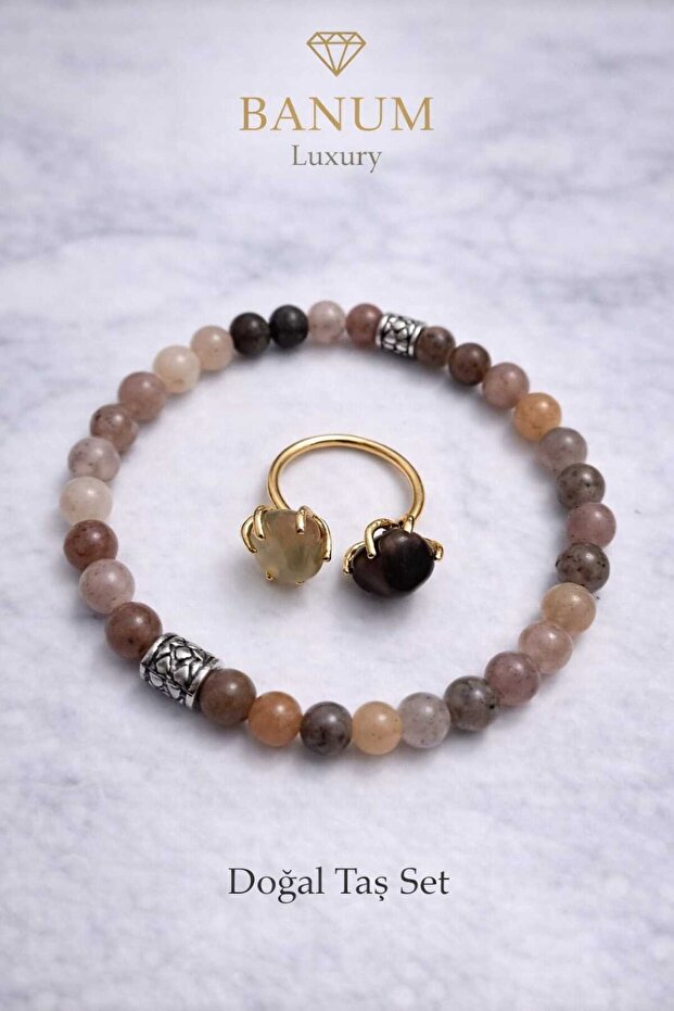 Mixed Natural Stone (Mix Stone) Jasper+Moonstone+Sunstone Elegant Bracelet & Ring Set