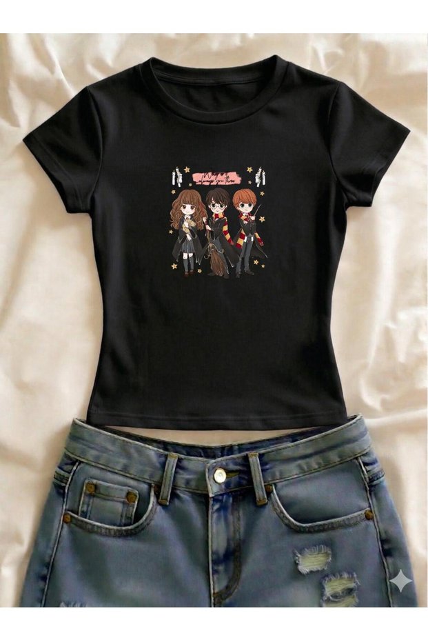 Harry Potter Printed Lycra Slim Fit Short Sleeve Crew Neck Tee Crop