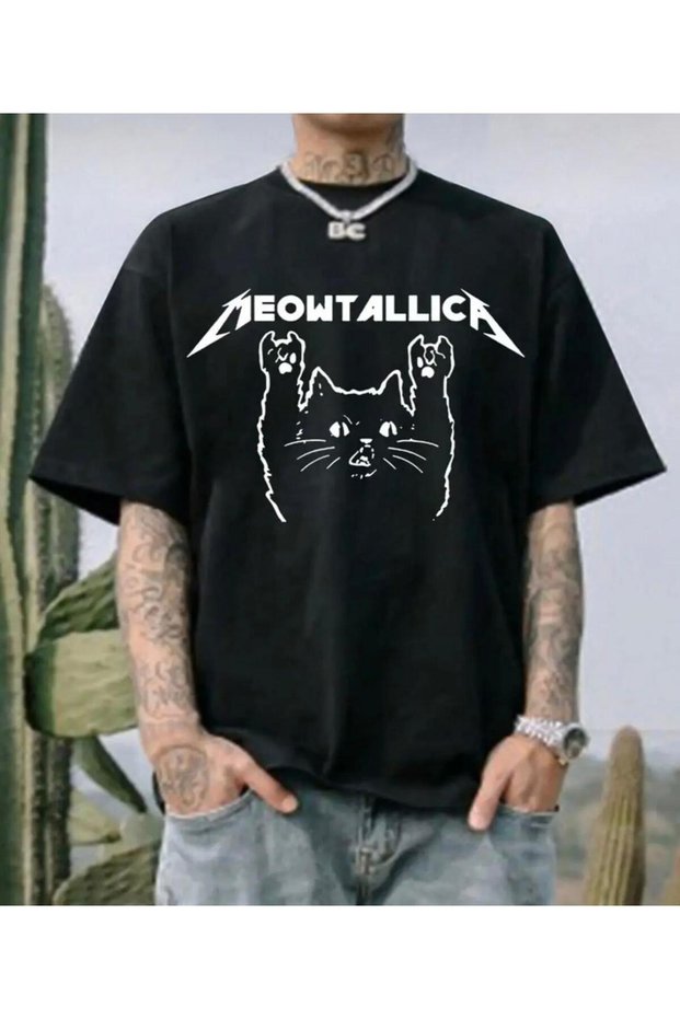 Meowtallica Printed Short Sleeve Unisex Plain Black Tshirt