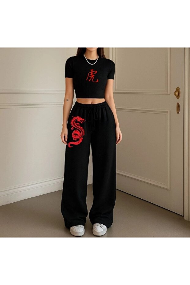Women's Dragon Print Over-The-Top Baby Tee Crop and Baggy Sweatpants - Two-Piece Tracksuit Set
