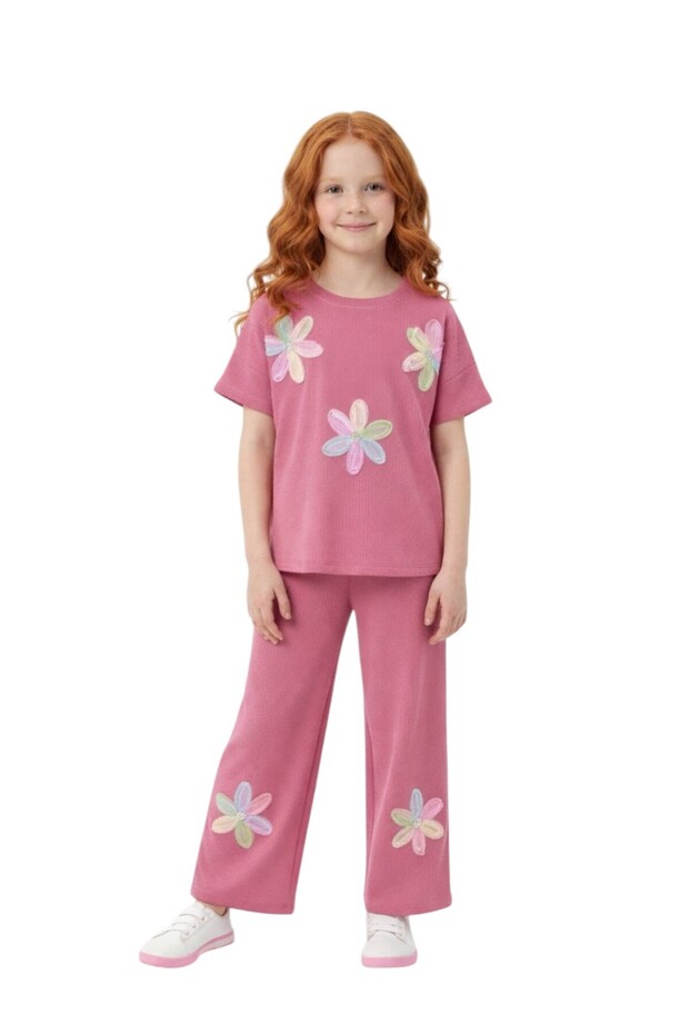 Girl's Short Sleeve Crinkled Fabric Floral Accessory Double Top and Bottom Set
