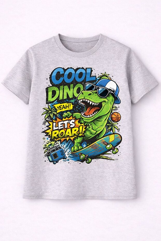 تي شيرت للأولاد مطبوع عليه COOL DINO باللون الرمادي