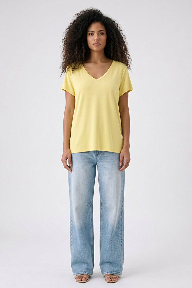 Front and Back V-Neck Basic Viscose Blend T-Shirt - 2