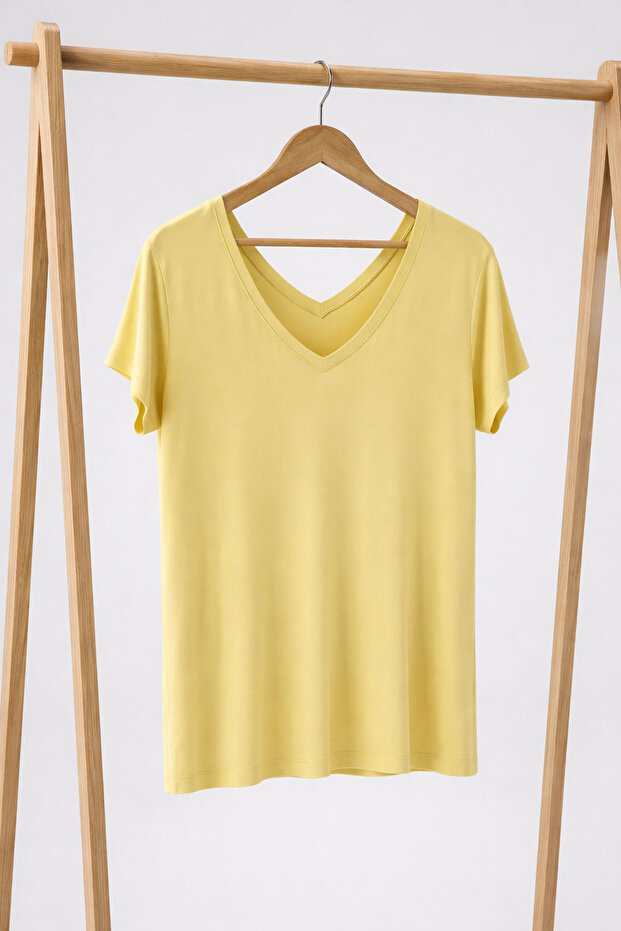 Front and Back V-Neck Basic Viscose Blend T-Shirt - 8