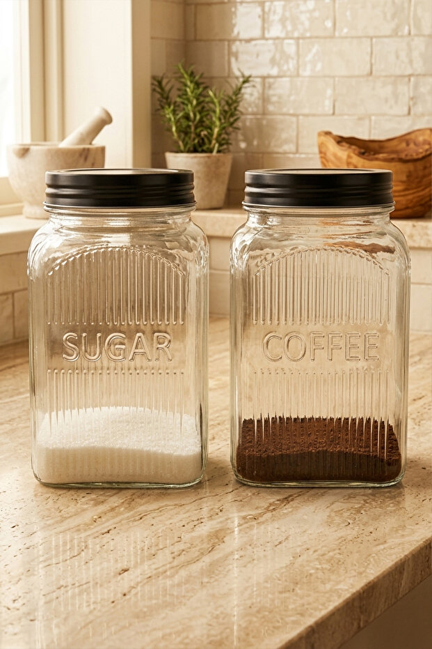 Elida Metal Lid 2-Piece Glass Jar for Coffee, Sugar (2 X 1 Lt)
