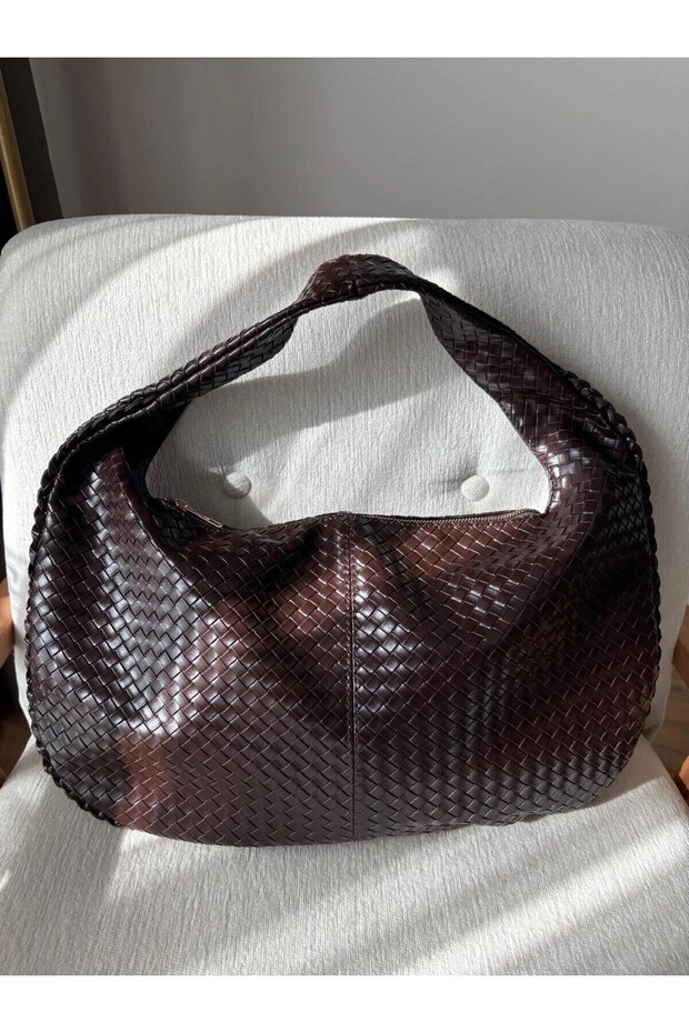 Maria Brown Knitted Detail Large Size Women's Hand and Shoulder Bag