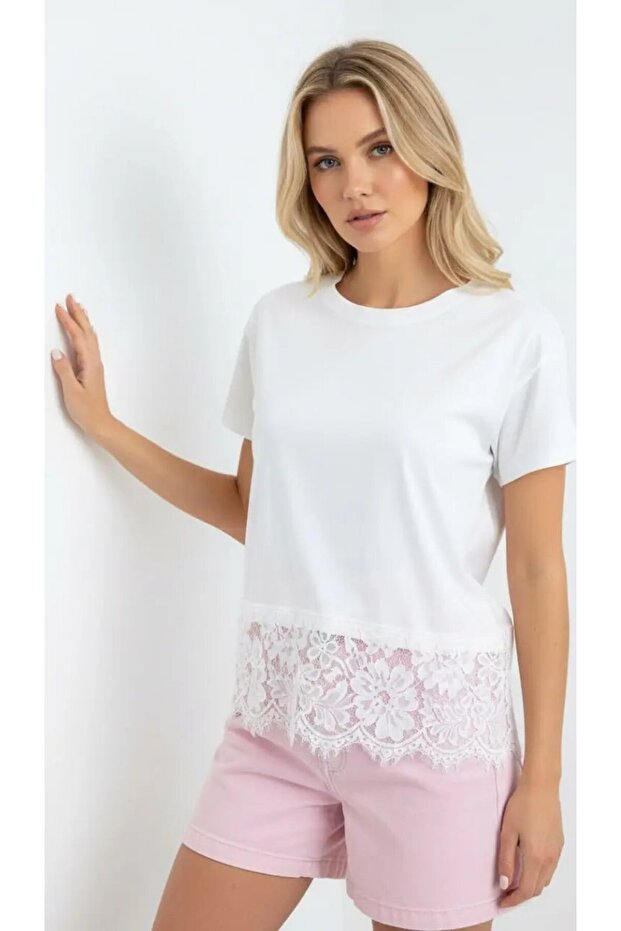 26018 100% Cotton Crew Neck Lace Detail Combed Cotton Blouse 26018
