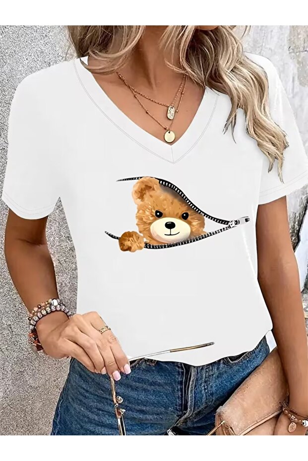 Women's V-Neck Pocket Zipper Bear Printed T-Shirt Oversize Loose