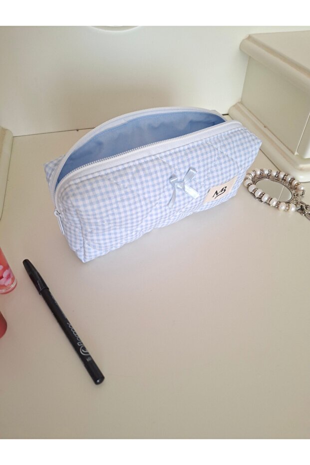 Blue Gingham Patterned Pencil Bag - 6