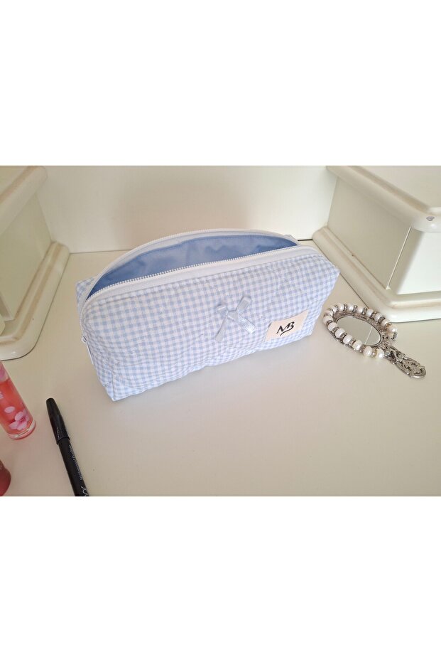 Blue Gingham Patterned Pencil Bag - 5