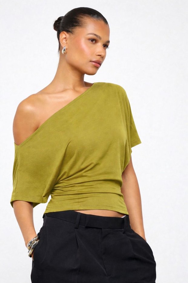 Women's One-Shoulder Casual Blouse with Waist Detail, Stylish Model 0085