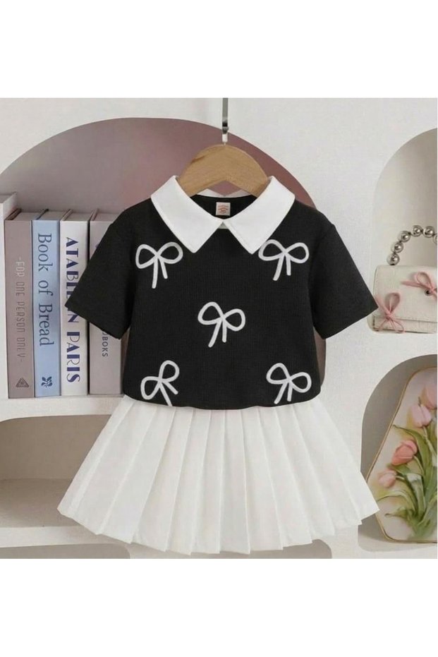 Ribbon Embroidered Blouse and Pleated Skirt Girls' Set-Black