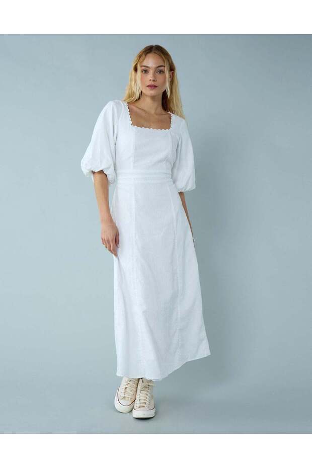 AE Linen-Blend Puff Sleeve Tie Back Midi Dress
