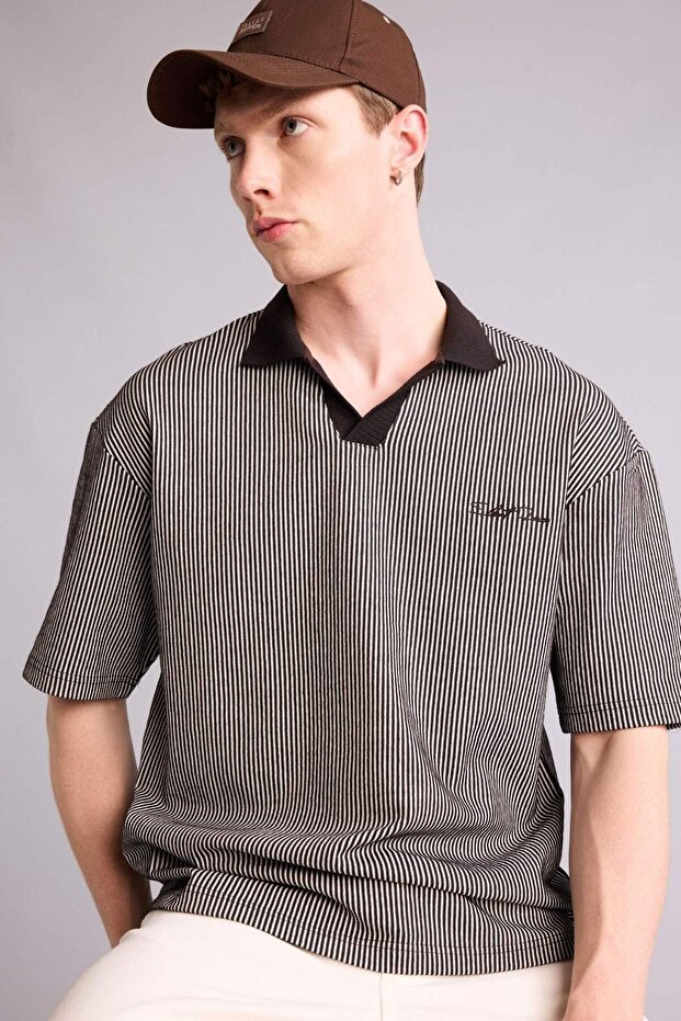 Cotton Textured Boxy Fit Polo T-Shirt F8351Ax26Sm