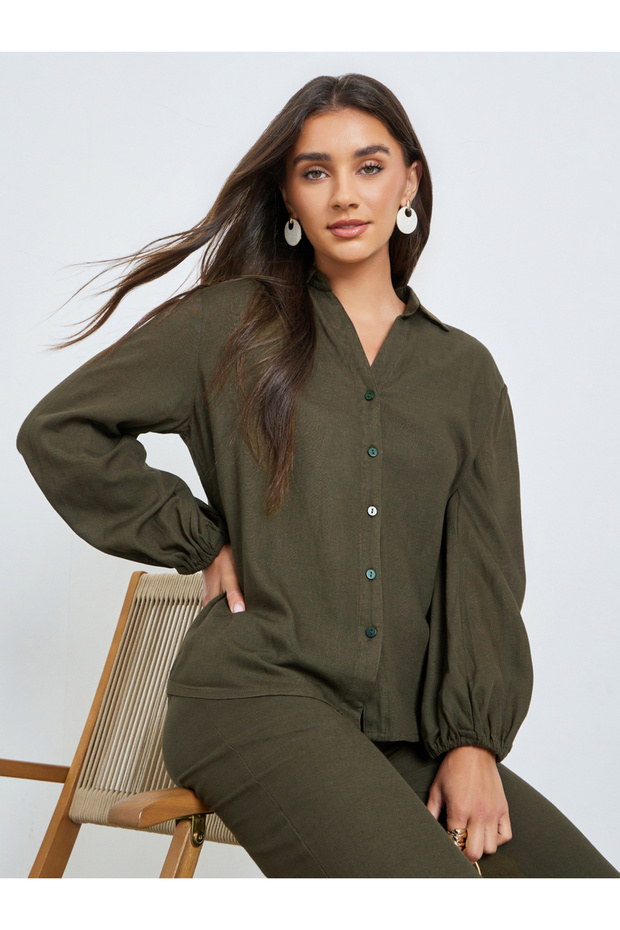 Olive Solid Balloon Sleeves Shirt