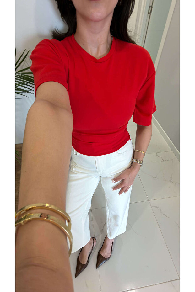 Tods Red Bat Sleeve T-Shirt with Gathered Sides