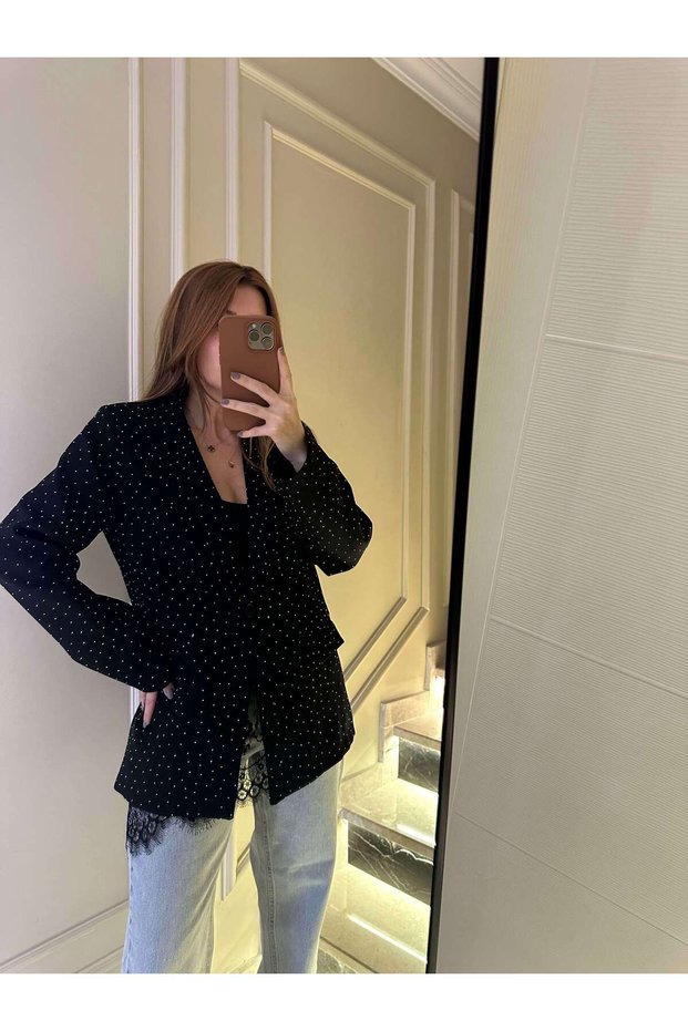 Siyah Taşlı Oversize Blazer Ceket