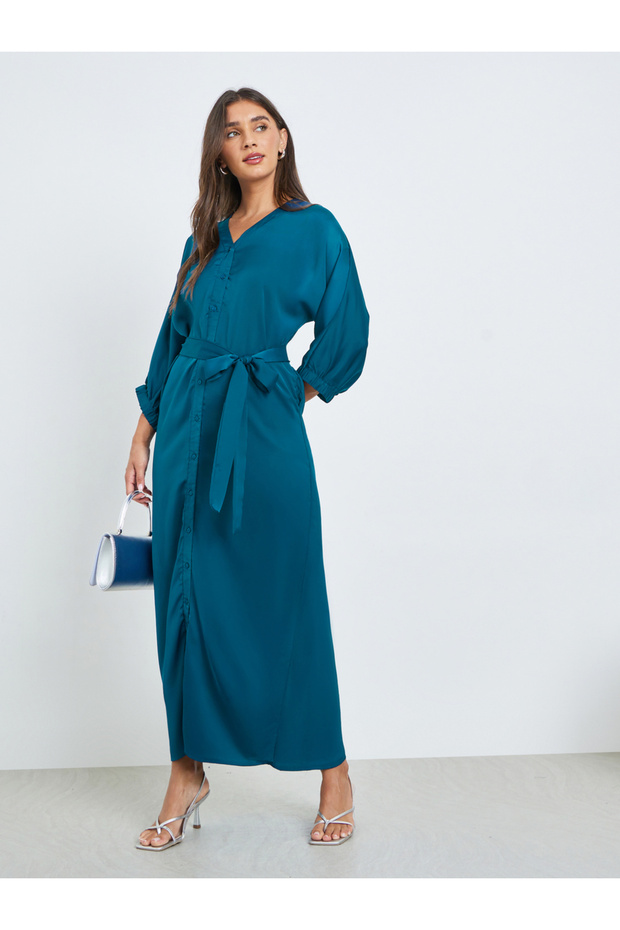 Teal Satin Shirt Maxi Dress with Tie-Belt