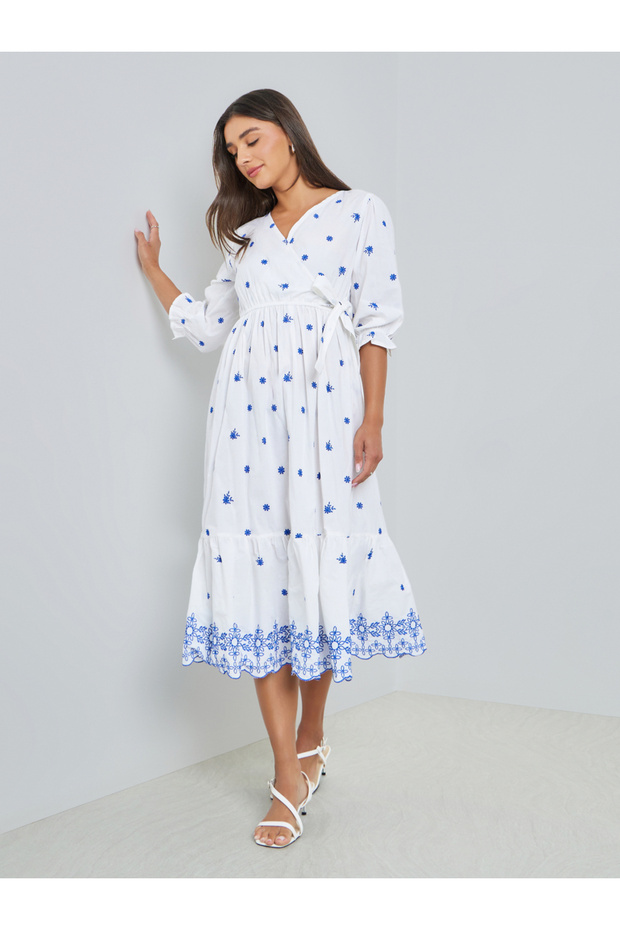 White Embroidered Midi Dress with 3/4 Sleeves