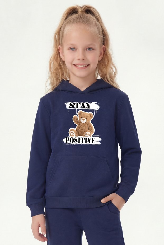 Kangaroo Pocket Hooded Print Detailed Girls' Kangaroo Top