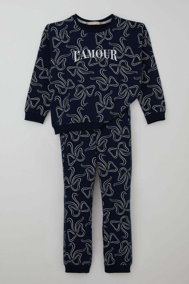 Girl's Tracksuit Set with Bow Pattern and Lacing Accessories, 4-8 Years Old, Navy Blue