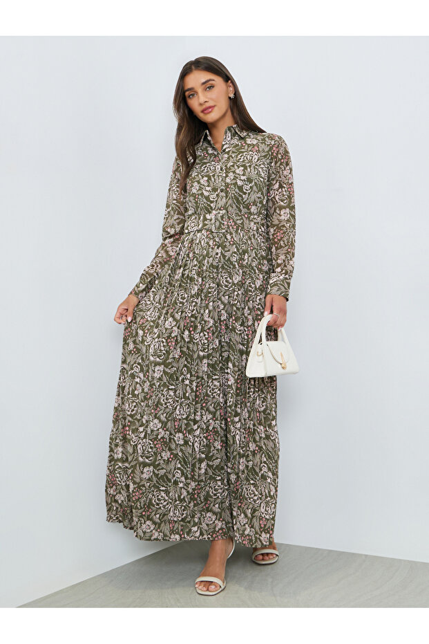 Green Pleated Maxi Dress with Belt