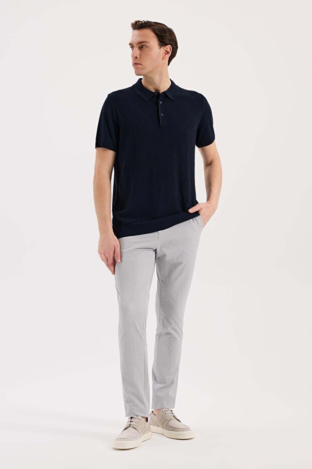Navy Blue Slim Fit Patterned Knitwear Polo Neck T-Shirt