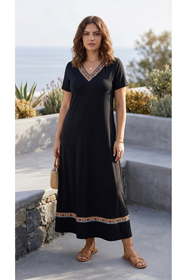 Women's V-Neck Short Sleeve Ethnic Pattern Stripe Detailed Long Viscose Dress