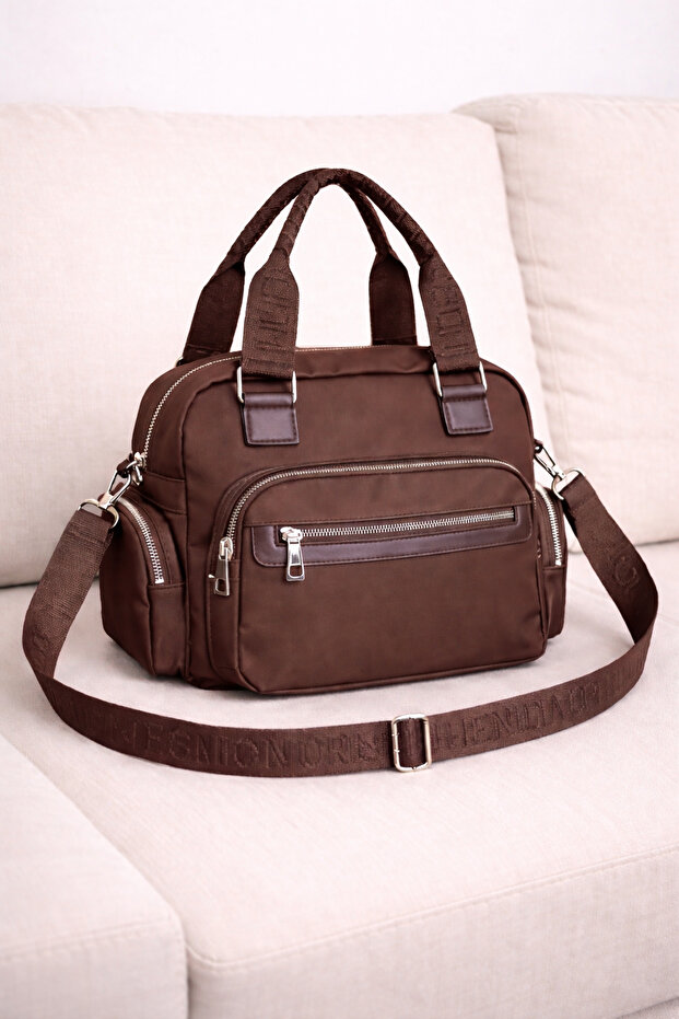 Women's Brown Satin Shiny Waterproof Multi-Compartment Hand & Shoulder Bag — Daily Mini Crossbody Bag with Column Strap
