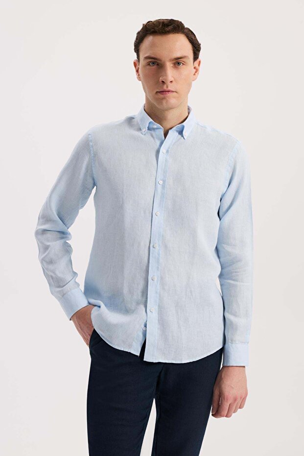 Ice Blue Comfort Fit 100% Linen Classic Collar Shirt