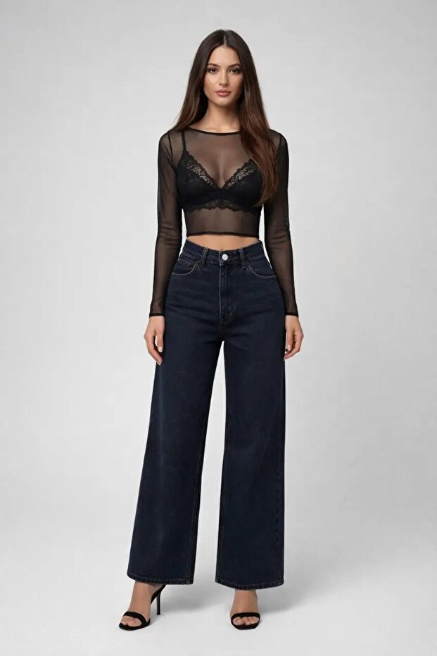 Black Transparent Tulle Crop Blouse – Stylish & Feminine Design
