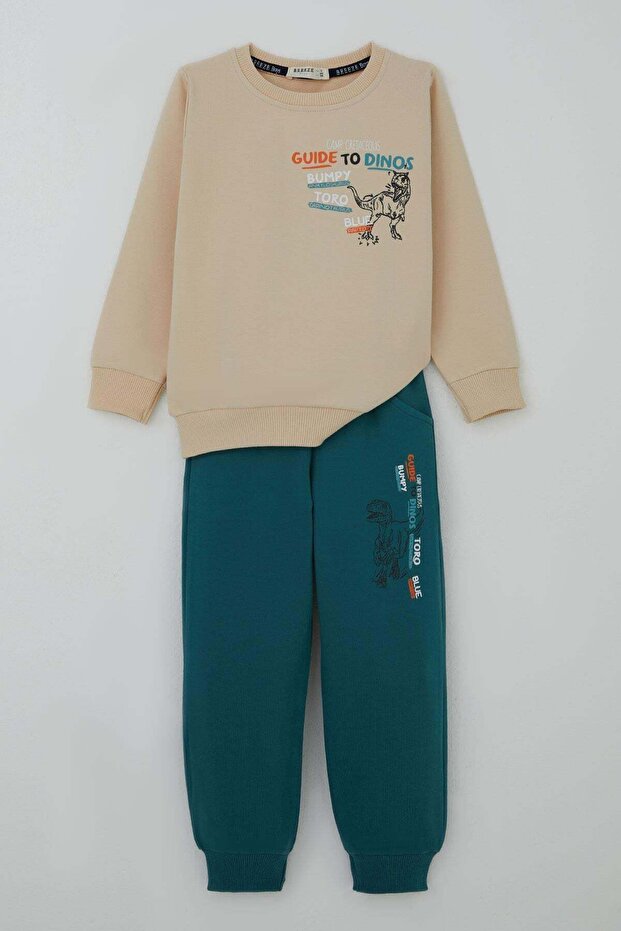 Boys' Tracksuit Set with Dinosaur Camp Back Print Detail, Ages 2-6, Cream