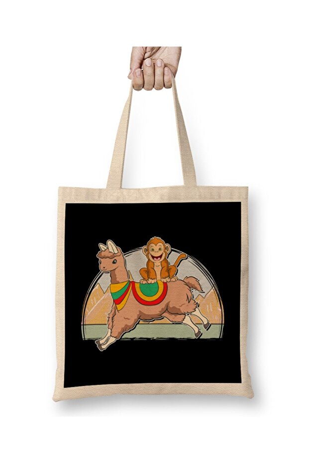 Monkey Riding Llama Animal Friend Monkeying Around Tote Bag Long Handle