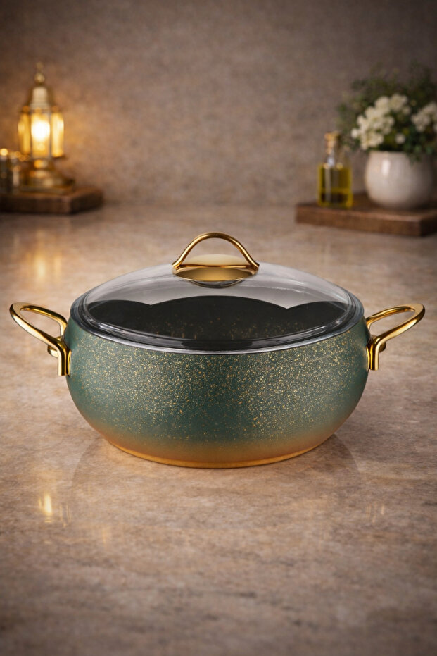 Caldora 26 cm Deep Granite Casserole Pot Green Gold Handle Non-Stick with Glass Lid