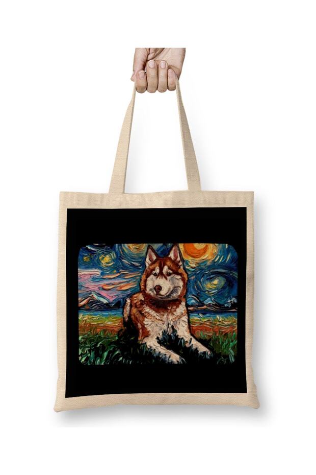 Red and White Husky Night Tote Bag Long Handle