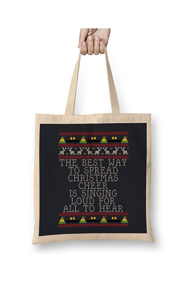 حقيبة قماش متماسكة من Christmas Cheer Elf Quote بمقبض طويل