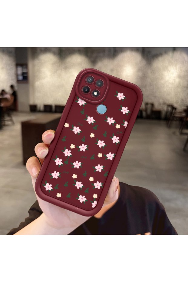 Oppo A15S Compatible Shockproof Simple Claret Red Silicone Phone Case Flowers Pattern